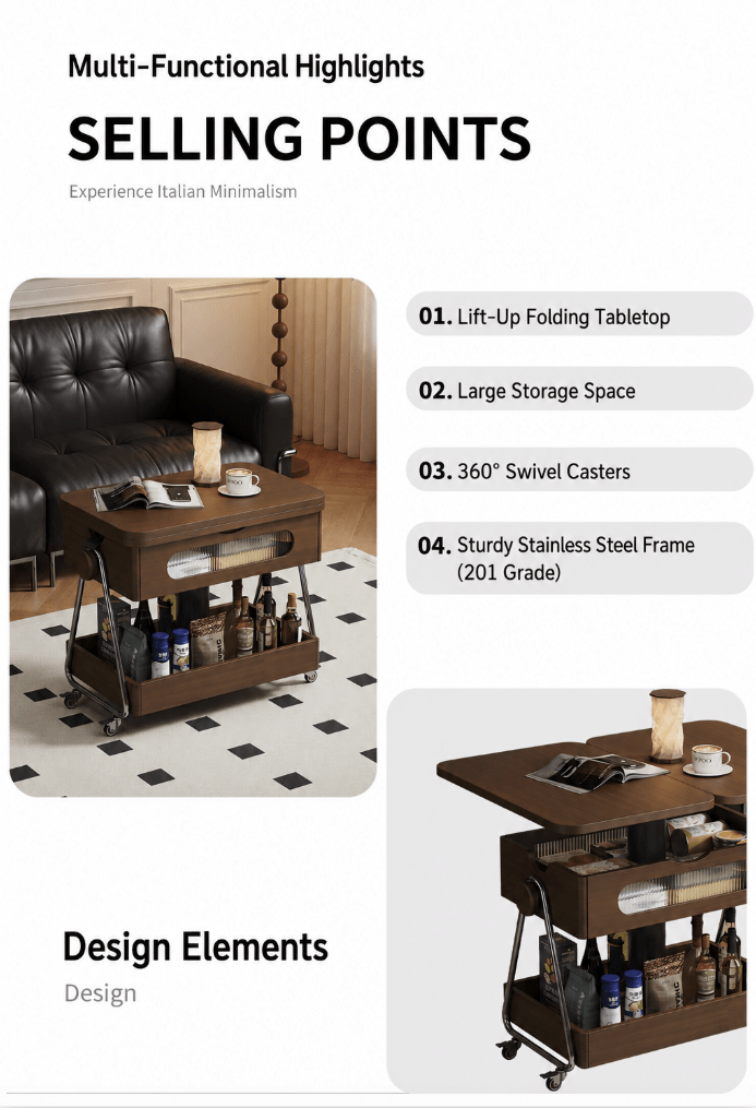 Lift-Up Expandable Rolling Coffee Table with Storage - Androf