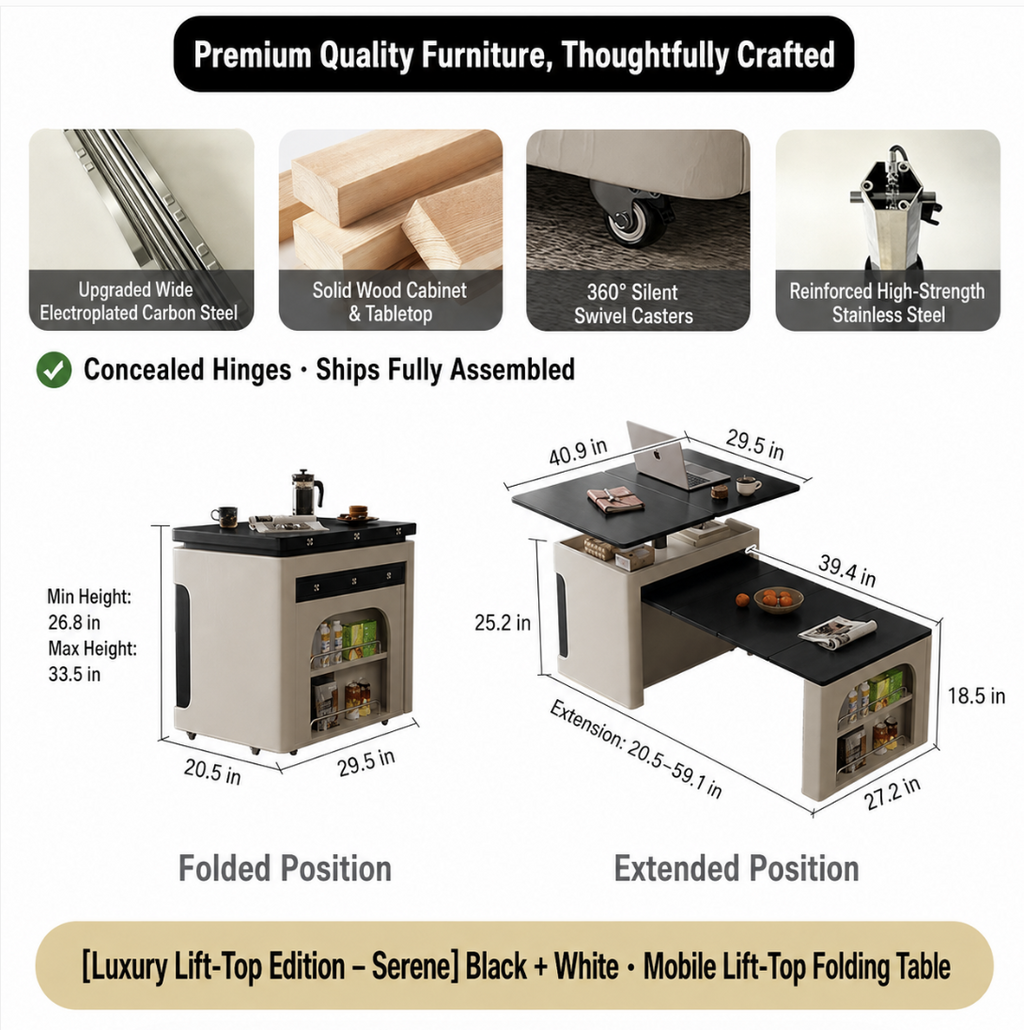 Transforming Solid Wood Lift-Top Coffee & Dining Table with Storage