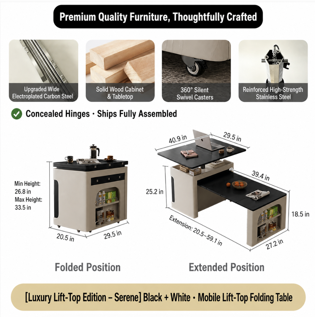 Transforming Solid Wood Lift-Top Coffee & Dining Table with Storage