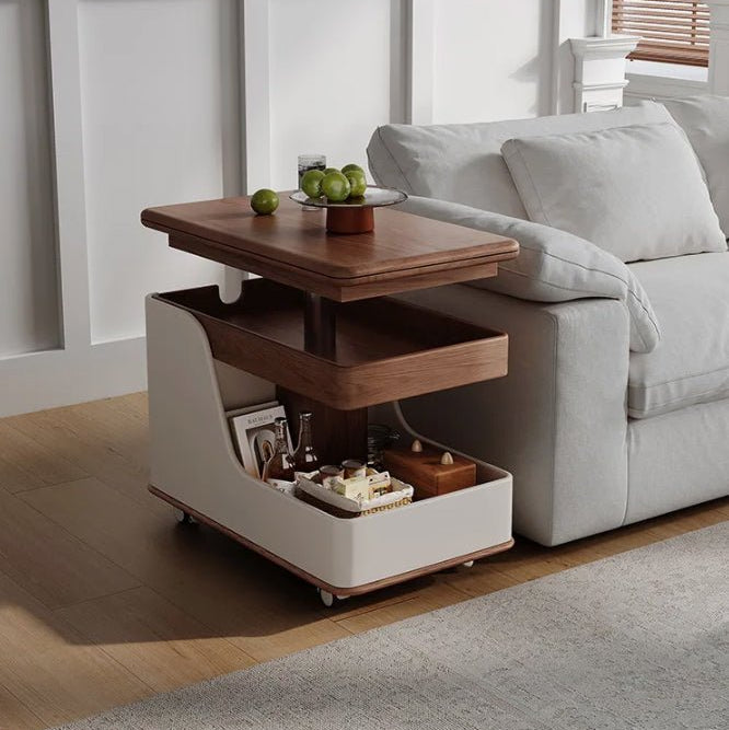 Table basse multifonctionnelle convertible à plateau relevable – Finition noyer et crème  Image secondaire du produit