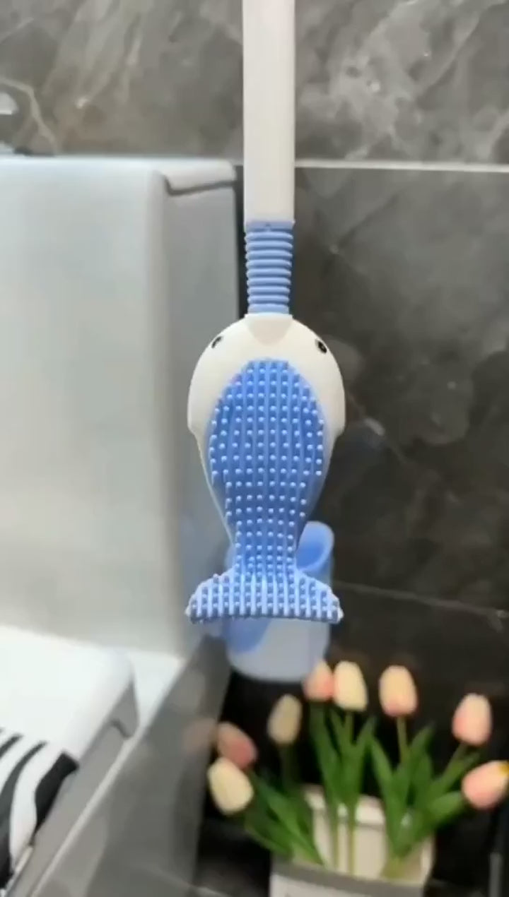 Whale-Shaped 360° Toilet Brush with Silicone Head & Wall-Mounted Holder