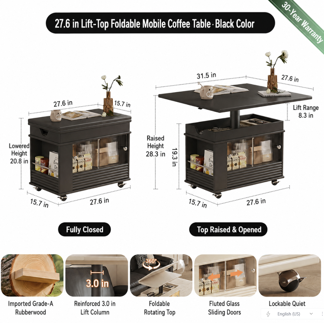 Solid Wood Transforming Coffee Table with Lift-Top & Storage