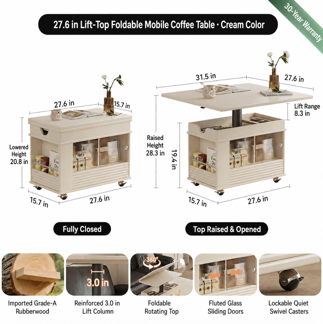 Solid Wood Transforming Coffee Table with Lift-Top & Storage