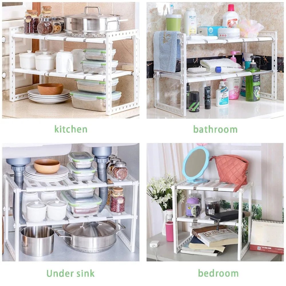 Under Sink Organizer 2 Tier Multipurpose Retractable Shelf Cabinet Organizer Under Sink Storage Rack Bathroom Kitchen Organizer - Androf