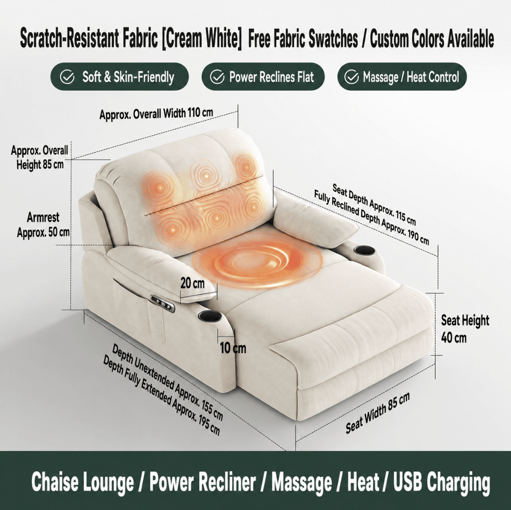 Zero-Wall Power Recliner Chair with Lay-Flat Bed, Cup Holders & Optional Massage - Androf