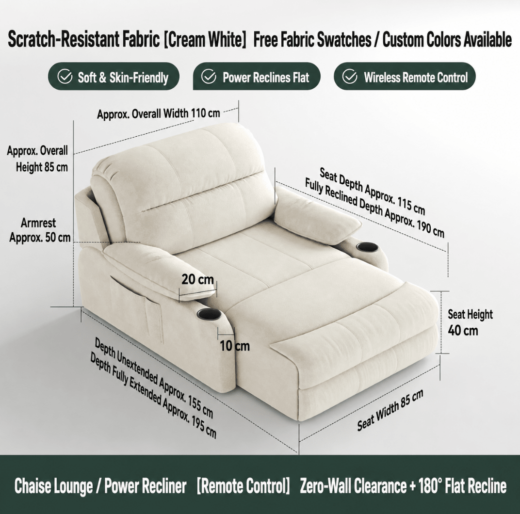 Zero-Wall Power Recliner Chair with Lay-Flat Bed, Cup Holders & Optional Massage - Androf