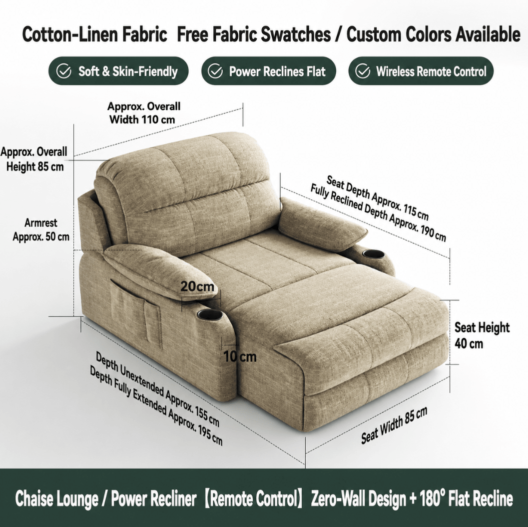 Zero-Wall Power Recliner Chair with Lay-Flat Bed, Cup Holders & Optional Massage - Androf