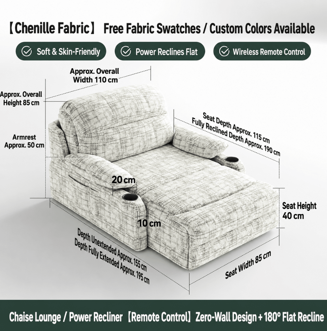 Zero-Wall Power Recliner Chair with Lay-Flat Bed, Cup Holders & Optional Massage - Androf